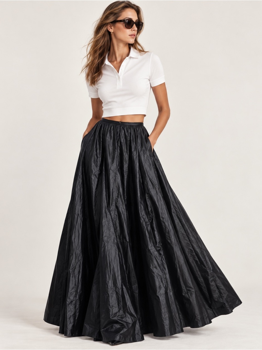 Vintage Ralph Lauren Sport Black Maxi Skirt Taffeta Formal Full A Line Shiny 90s